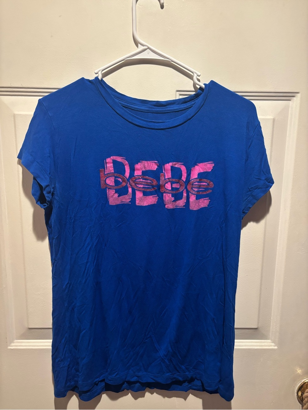 bebe Royal Blue Tee with Pink Logo - Women's Short Sleeve Top